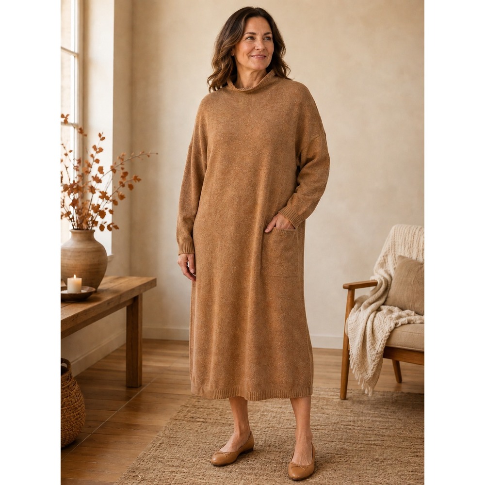 Pure Jill Sweater Dress Womens 2X Brown Mock Neck Long Sleeve Pocket Knit Midi